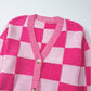 Checkered V-Neck Long Sleeve Cardigan