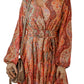 Orange Boho Paisley Print Long Sleeve Pleated Belted Mini Dress