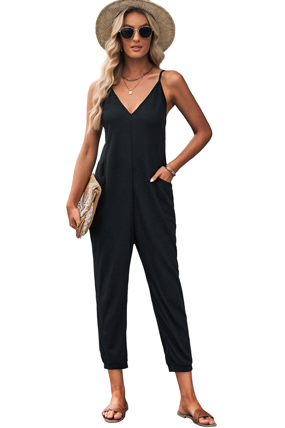 Textured Sleeveless V-Neck Pocketed Casual Jumpsuit