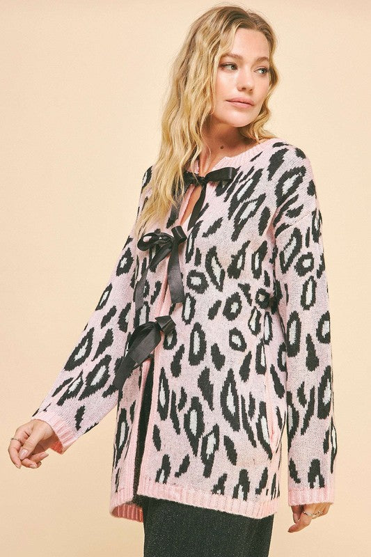 Pink Leopard Print Ribbon Tie Loose Fit Cardigan