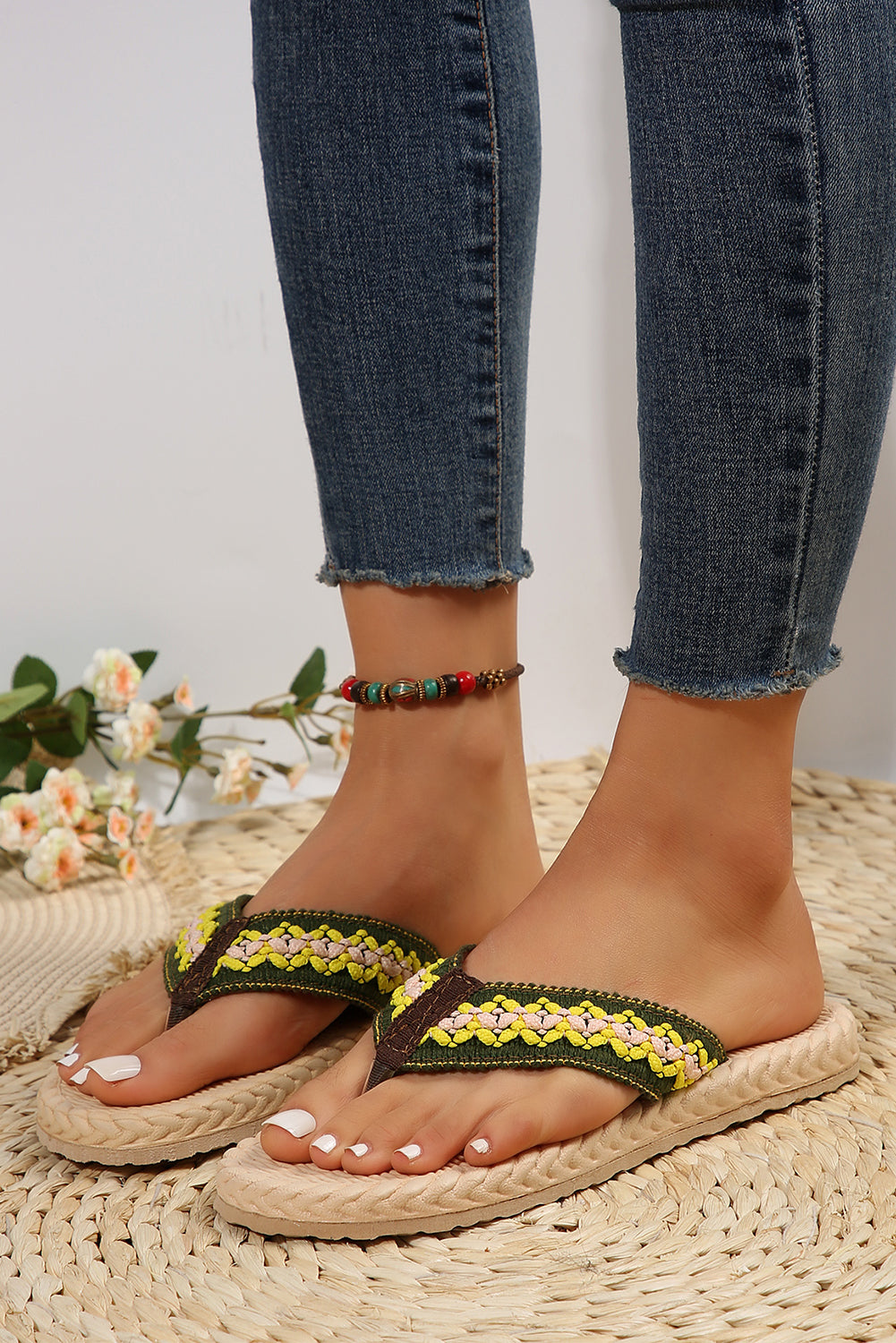 Yellow Woven Strap Flat Flip Flops