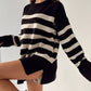 Slit Striped Round Neck Sweater