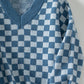 Checkered V-Neck Dropped Shoulder Sweater