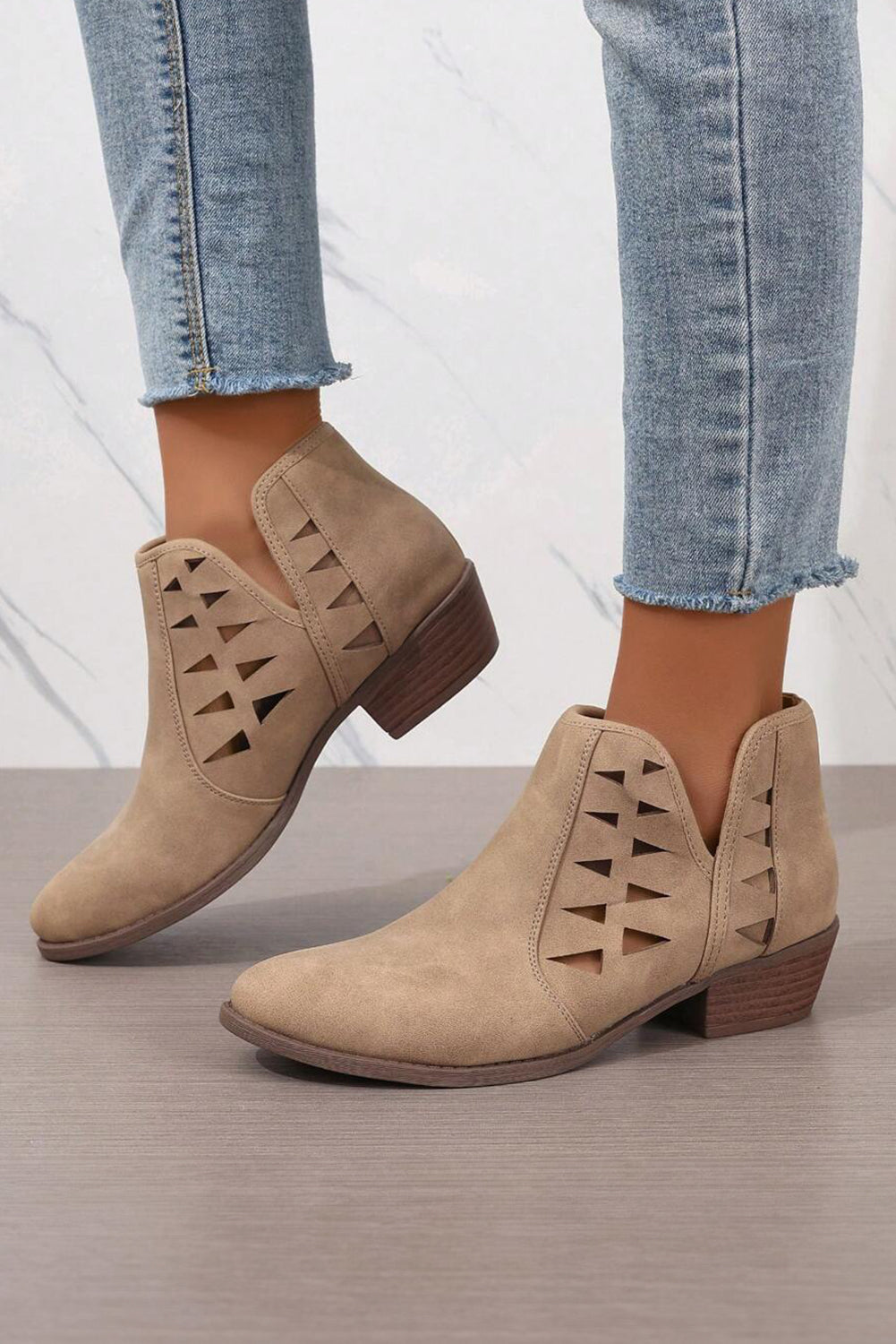 Parchment Cut Out Suede Pointed Toe Heeled Ankle Boots