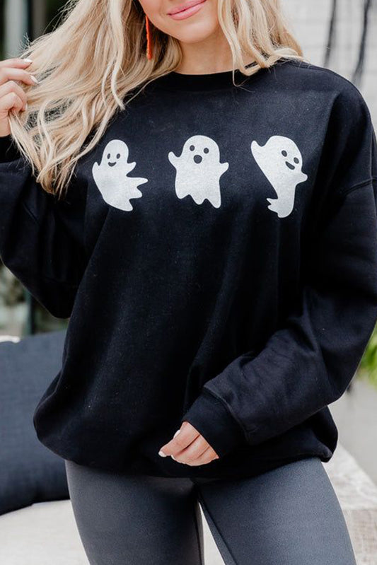 Black Halloween Ghosts Print Round Neck Sweatshirt