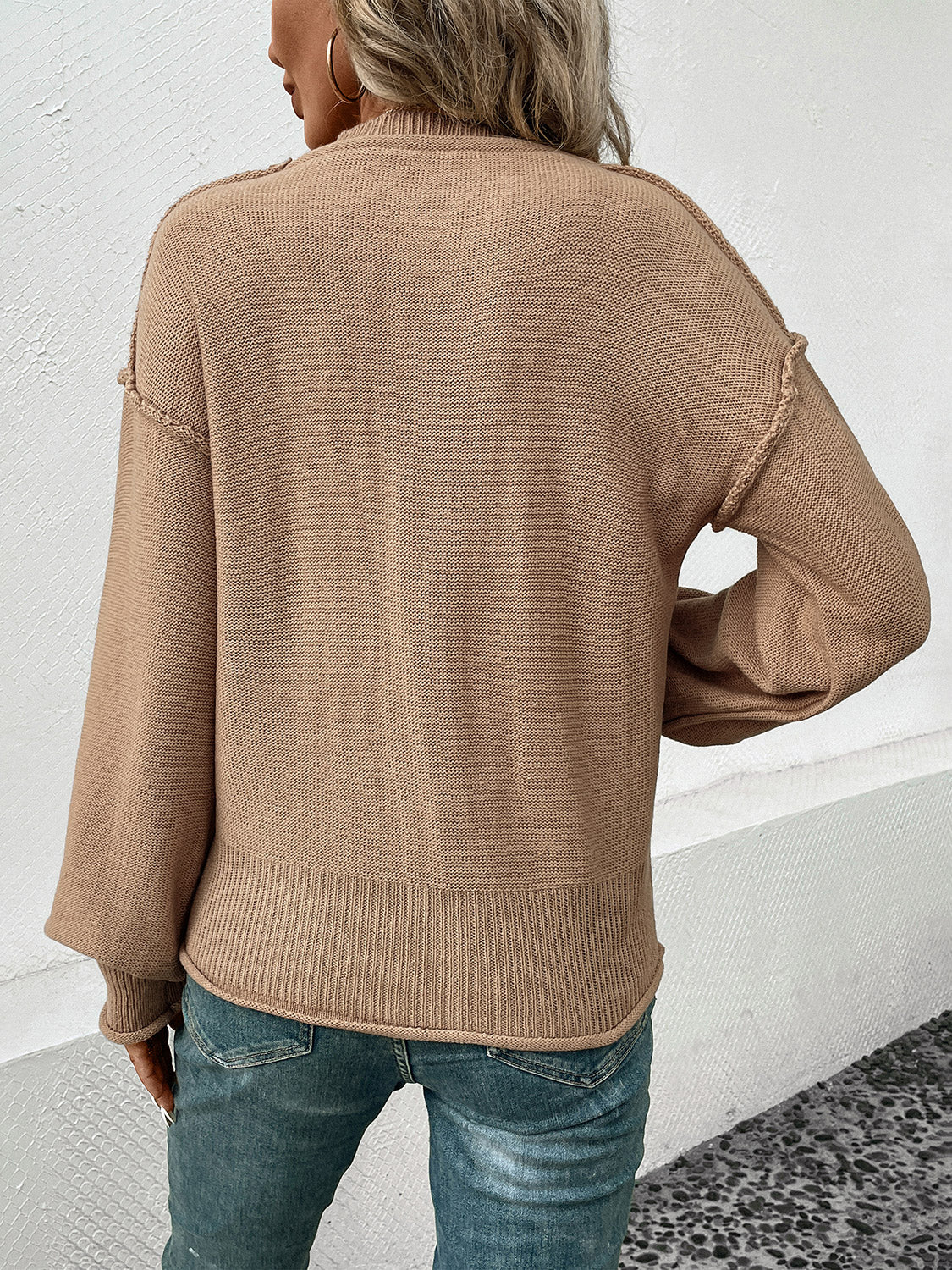 Perfee Exposed Seam Round Neck Sweater