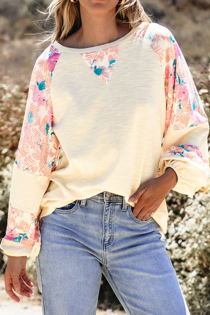 Printed Round Neck Balloon Sleeve Sweatshirt