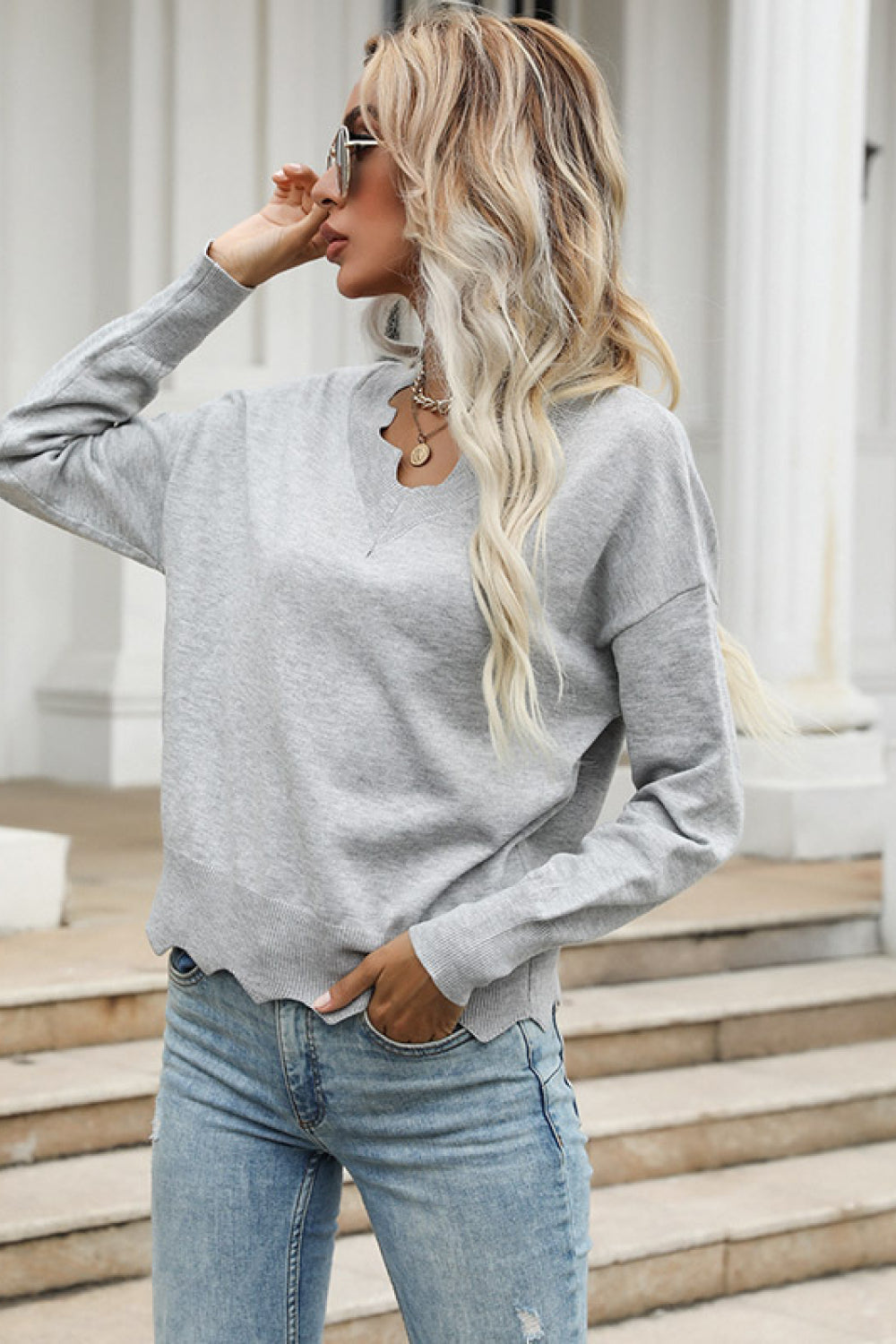 Perfee Wavy Hem Long Sleeve Pullover