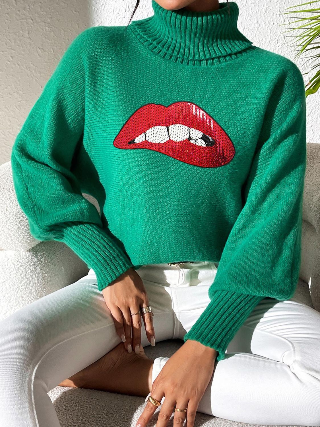 Lip Turtleneck Long Sleeve Sweater