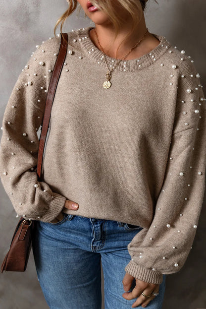 Plus Size Pearl Detail Round Neck Long Sleeve Sweater