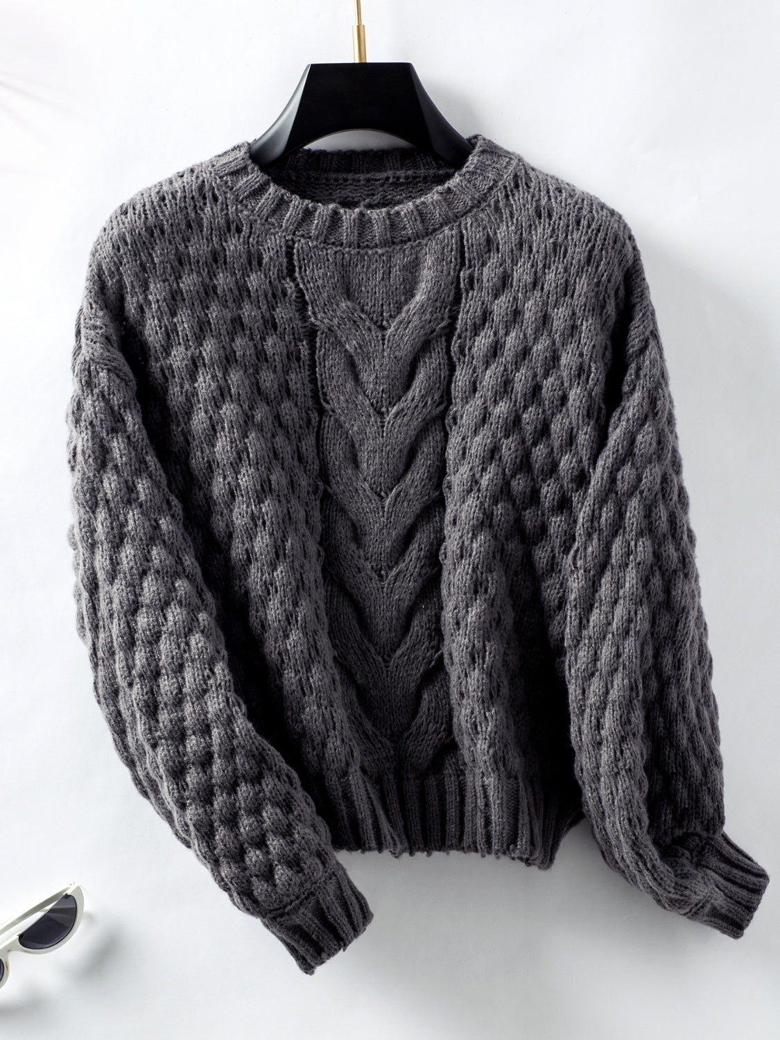 Cable-Knit Round Neck Long Sleeve Sweater