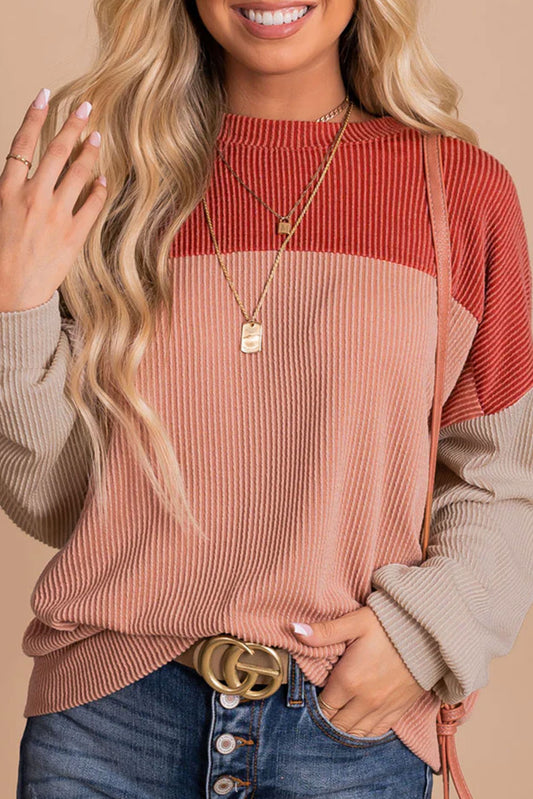 Red Color Block Long Sleeve Ribbed Loose Top