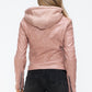 Snobbish Faux Leather Zip Up Drawstring Hooded Jacket