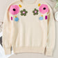 Crochet Flower Round Neck Dropped Shoulder Sweater