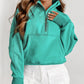 Sea Green Fleece Lined Zip Up Stand Collar Thumbhole Sleeve Sweatshirt