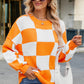 Checkered Round Neck Long Sleeve Sweater