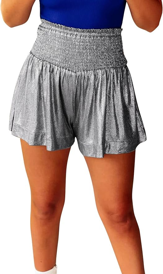 Women Sequin Shorts Smocked High Waisted Flowy Shorts Glitter Sparkly Metallic Shorts