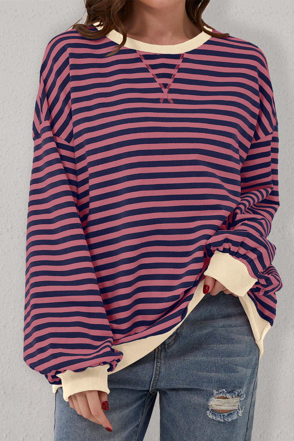 Sky Blue Stripe Oversized Contrast Trim Pullover Sweatshirt