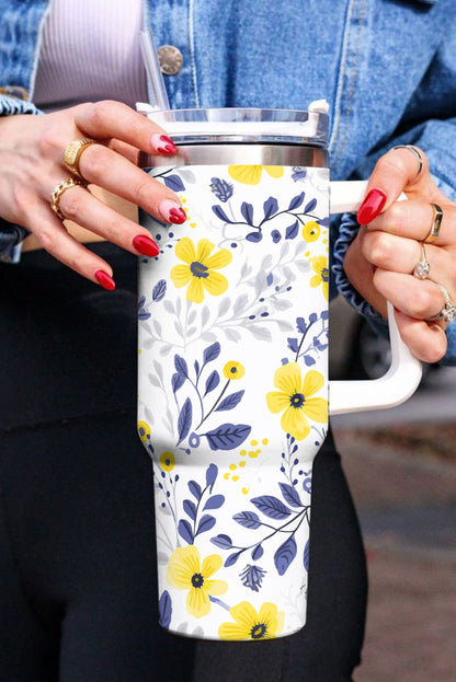 White Flower Print Stainless Handled Large Tumbler 40oz