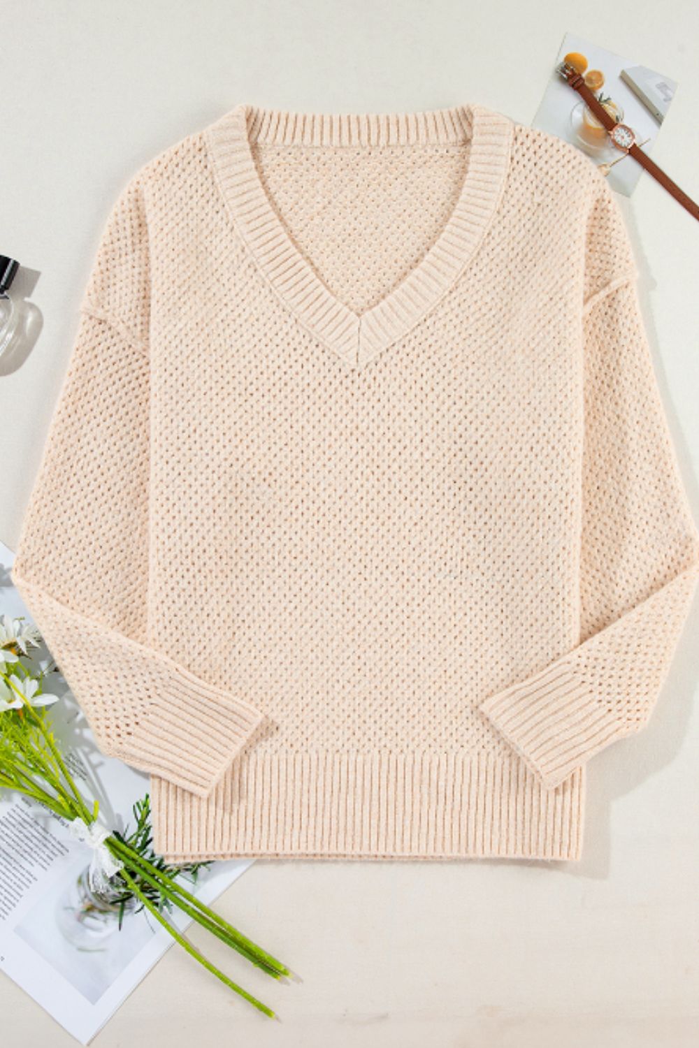 V-Neck Dropped Shoulder Long Sleeve Sweater