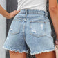 Distressed Fringe Denim Shorts with Pockets