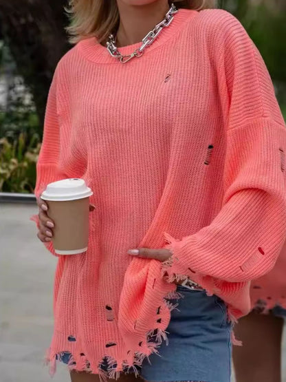 Distressed Round Neck Long Sleeve Sweater