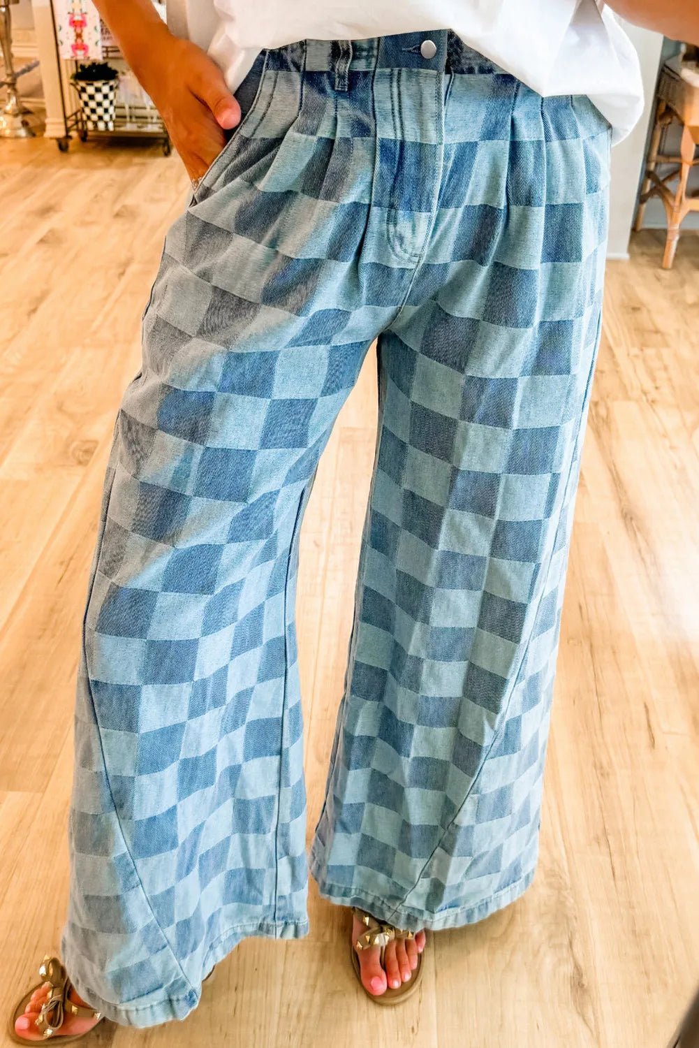 Checkered Wide Leg Jeans with Pockets