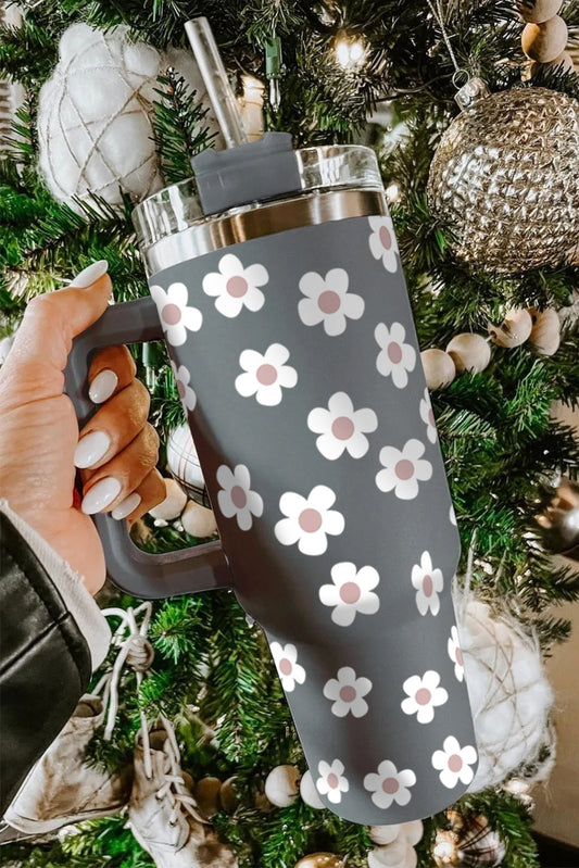 Dark Grey Floret Print Stainless Tumbler With Lid And Straw 40oz