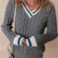 Cable-Knit V-Neck Long Sleeve Sweater