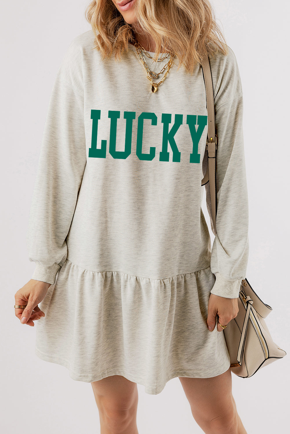 White St Patricks LUCKY Graphic Long Sleeve Ruffle Hem Mini Dress