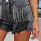 Distressed Fringe Denim Shorts with Pockets