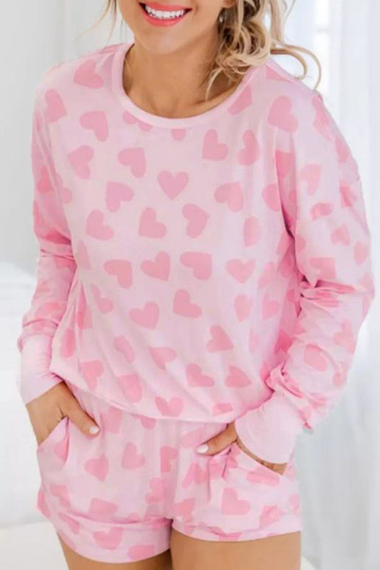 Black Valentine Heart Shape Print Long Sleeve Top Shorts Lounge Set