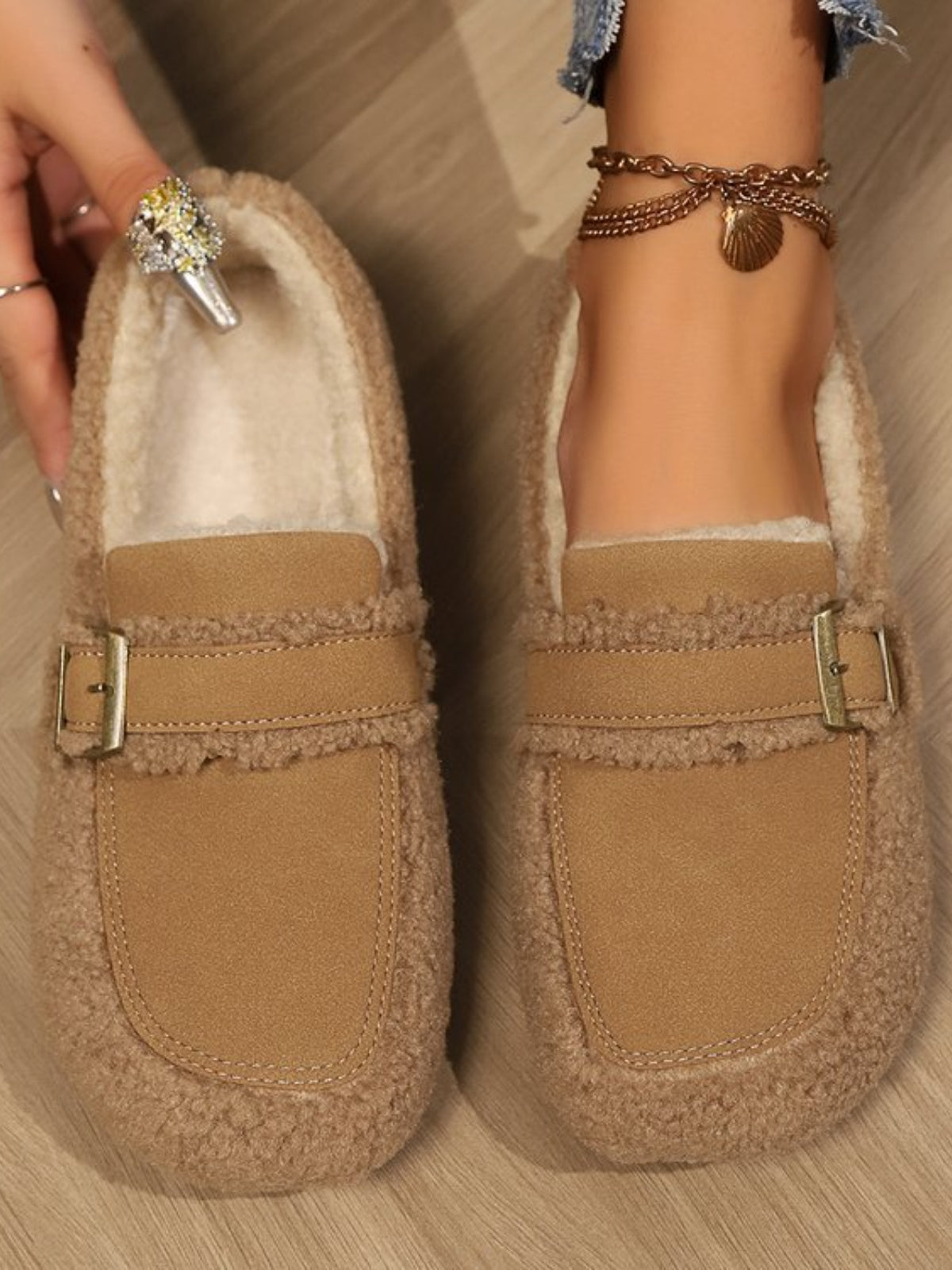 Fuzzy Buckle Flat Slip-Ons