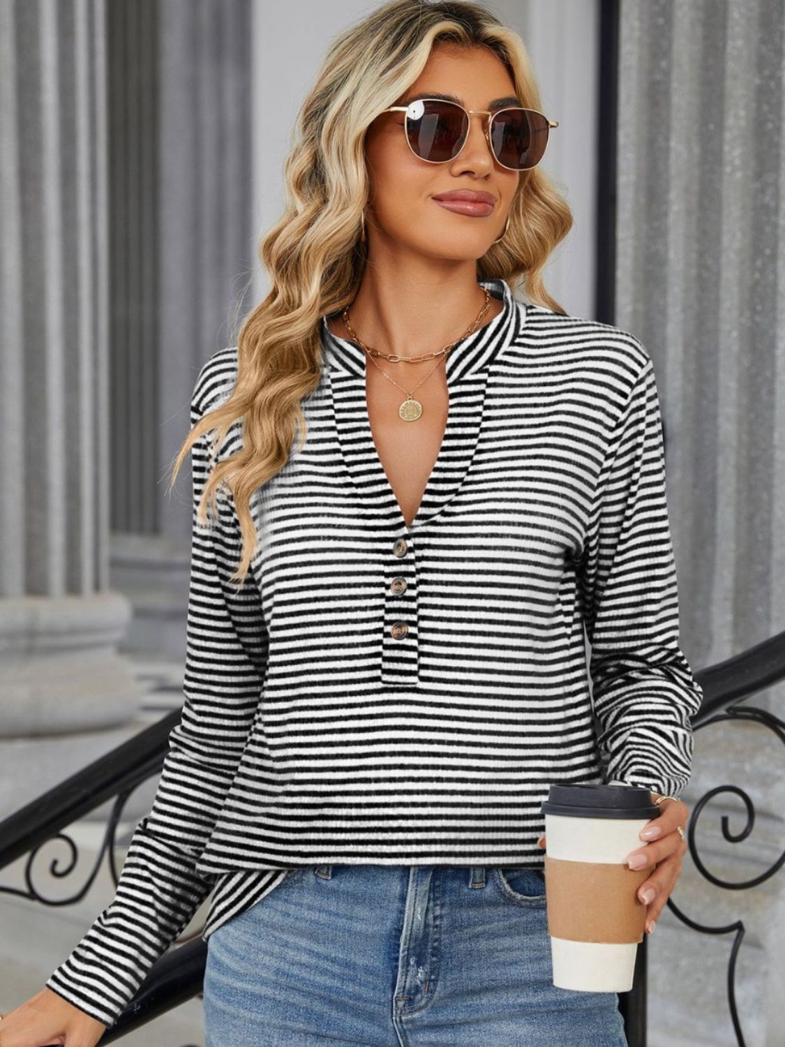 Striped Notched Long Sleeve T-Shirt