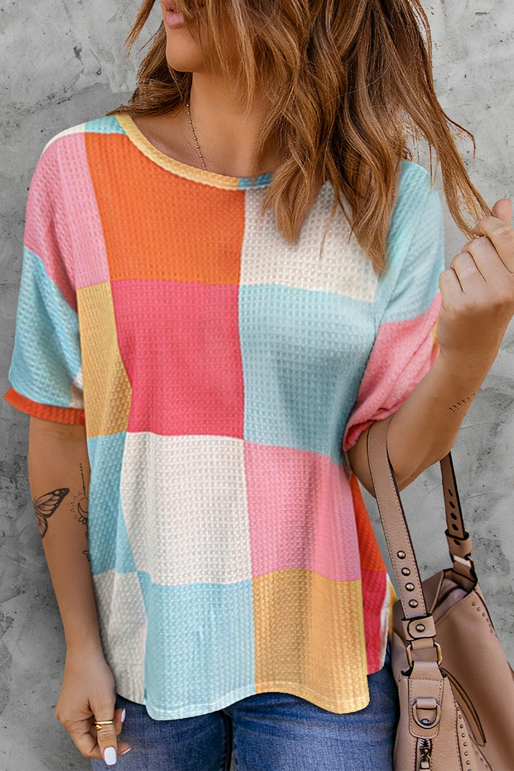 Color Block Round Neck Half Sleeve Top