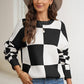 Plaid Round Neck Dropped Shoulder Sweater