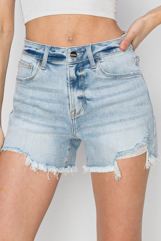 RISEN Full Size High Waist Frayed Detail Denim Shorts