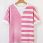 High-Low Striped Round Neck Short Sleeve T-Shirt