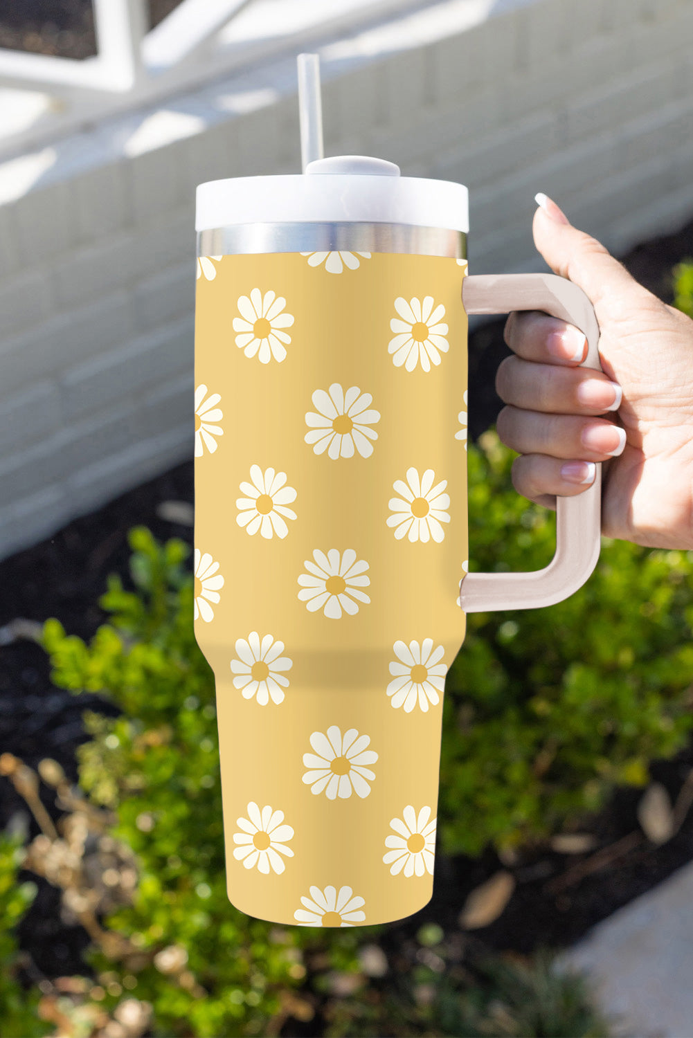 Yellow Daisy Print Handle Stainless Steel Portable Cup 40oz