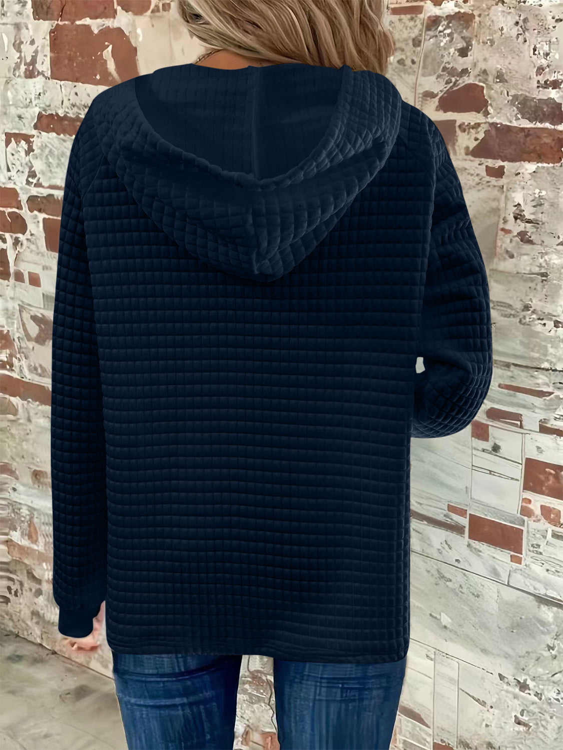 Waffle Texture Half-Buttoned Drawstring Hoodie—Small-3XL