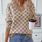 Checkered V-Neck Dropped Shoulder Sweater