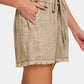 Zenana Washed Linen Frayed Hem Drawstring Shorts