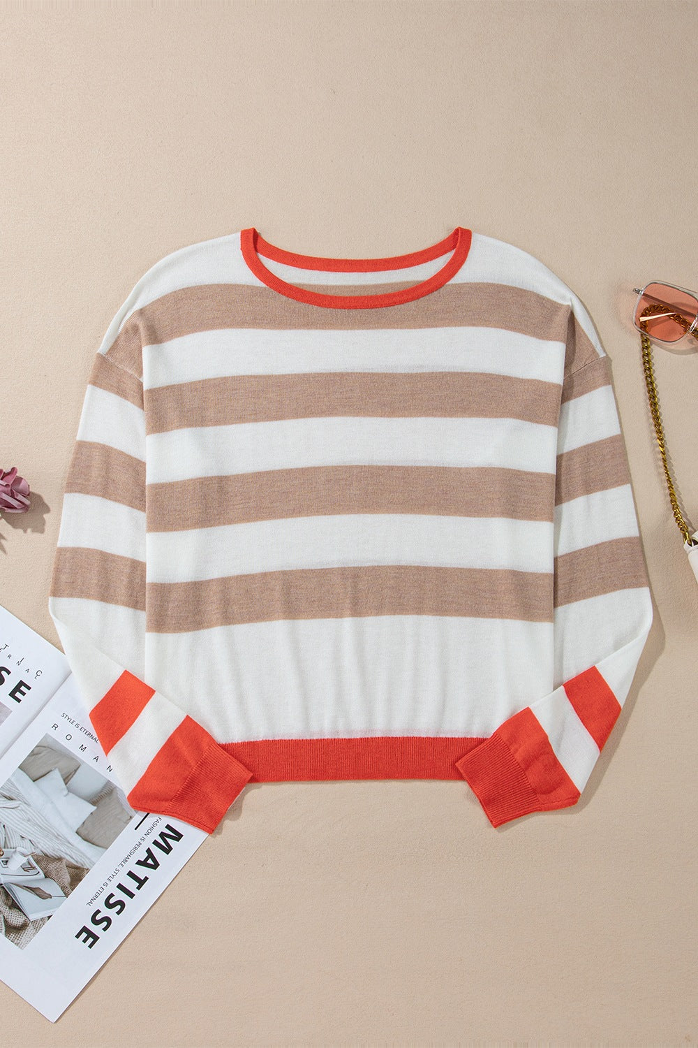 Contrast Striped Round Neck Drop Shoulder Knit Top