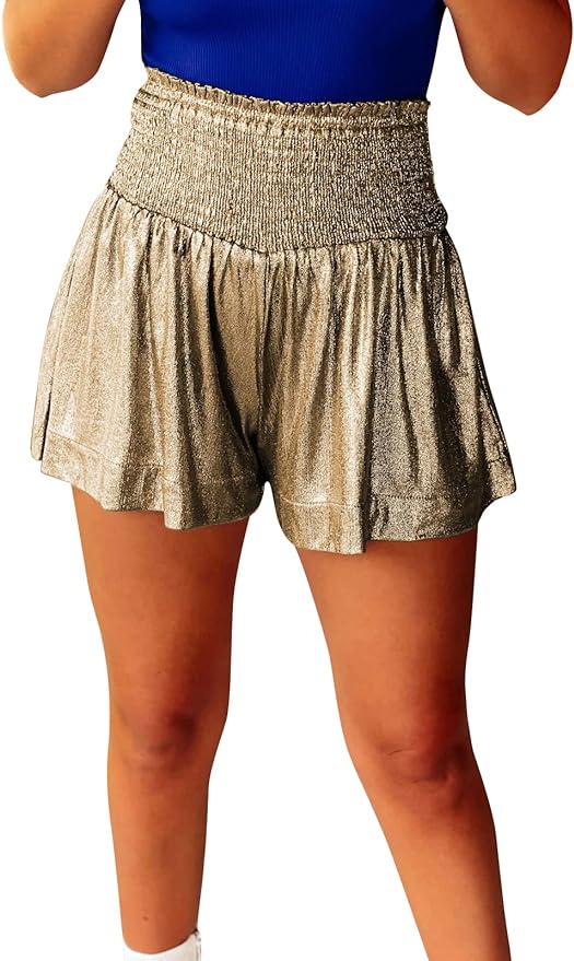 Women Sequin Shorts Smocked High Waisted Flowy Shorts Glitter Sparkly Metallic Shorts