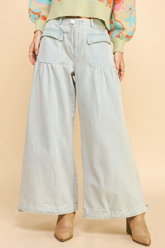 Drawstring Front Pocket Wide Leg Mid Rise Jeans