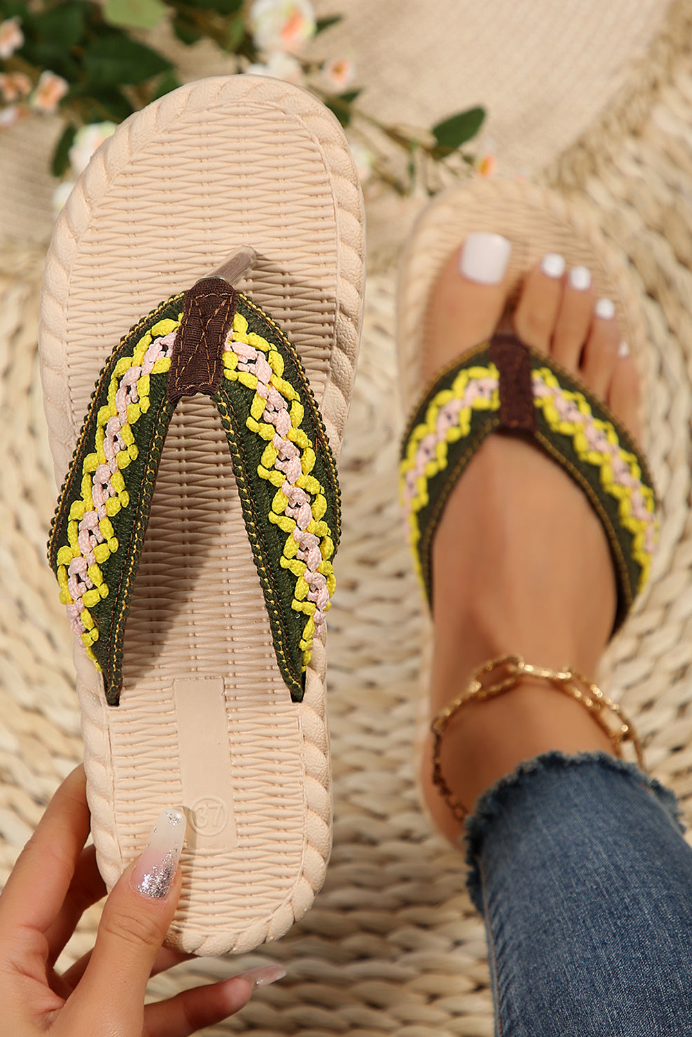 Yellow Woven Strap Flat Flip Flops