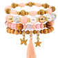 Pink 4Pcs Butterfly Star Pendant Tassel Beaded Bracelet Set