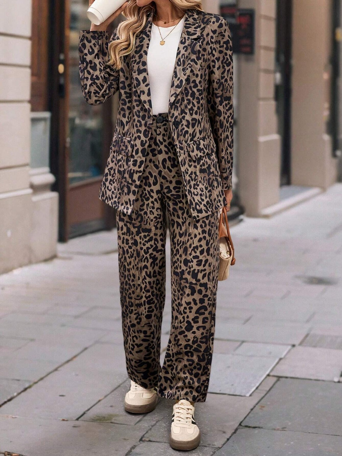 Two-Piece Leopard Pattern Pants Suit—Small-3XL