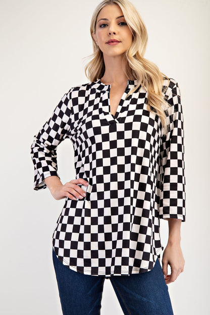 Celeste Full Size Curved Hem Checkered Notched Blouse