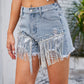 Distressed Pearl Trim Denim Shorts with Pockets